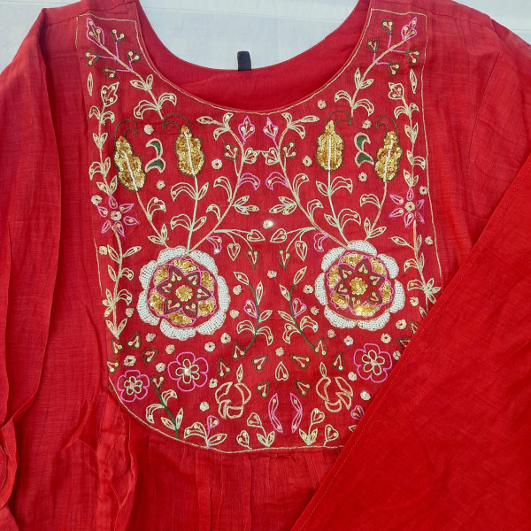 BRICK RED MUL CHANDERI HANDWORK SUIT PANT AND DUPATTA SET