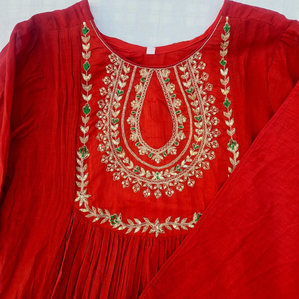 RED MUL CHANDERI HANDWORK SUIT PANT AND DUPATTA SET