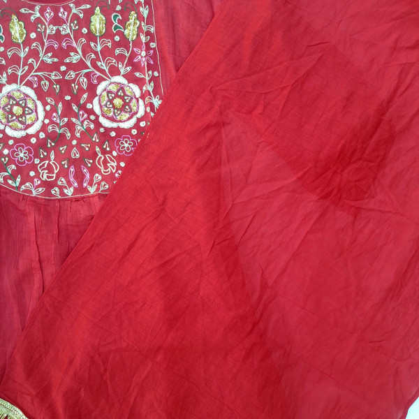 BRICK RED MUL CHANDERI HANDWORK SUIT PANT AND DUPATTA SET