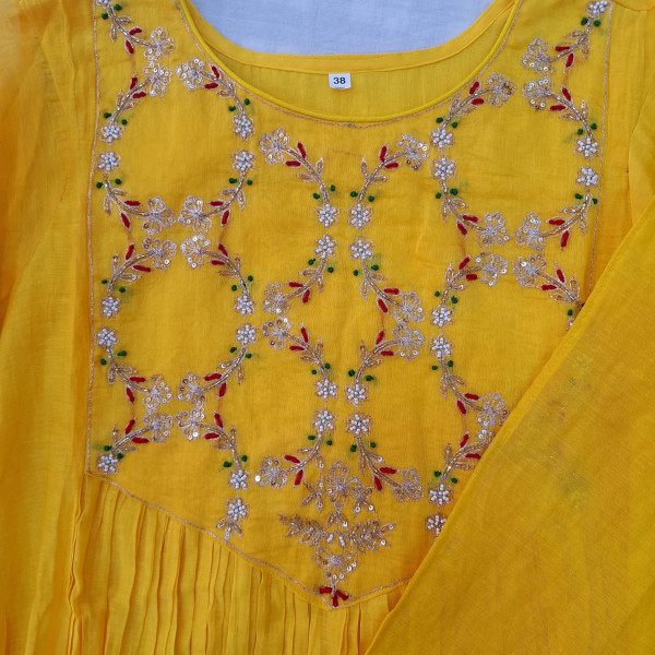 MANGO YELLOW MUL CHANDERI HANDWORK SUIT PANT AND DUPATTA SET