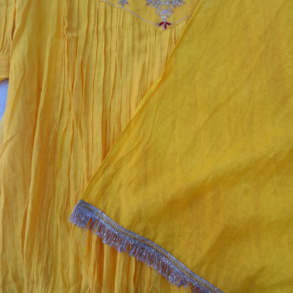 MANGO YELLOW MUL CHANDERI HANDWORK SUIT PANT AND DUPATTA SET