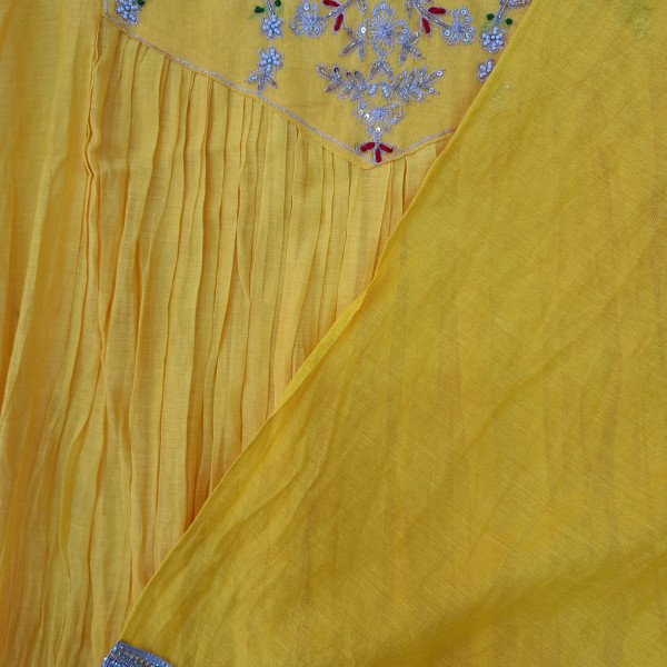 MANGO YELLOW MUL CHANDERI HANDWORK SUIT PANT AND DUPATTA SET