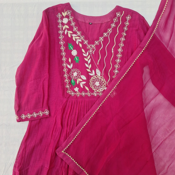 PINK MUL CHANDERI HANDWORK SUIT PANT AND DUPATTA SET