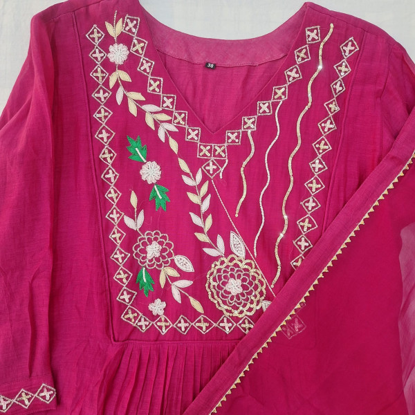 PINK MUL CHANDERI HANDWORK SUIT PANT AND DUPATTA SET