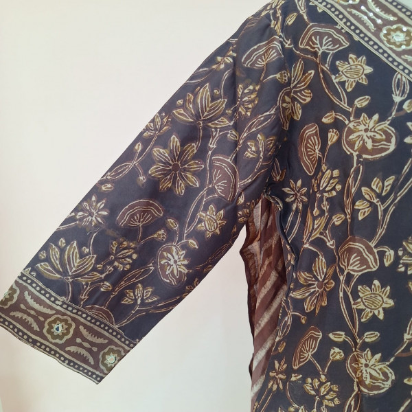 BROWN PRINTED CHANDERI HANDWORK SUIT PANT AND DUPATTA SET