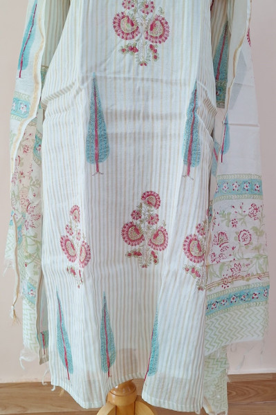 OFF WHITE PRINTED CHANDERI HANDWORK SUIT PANT AND DUPATTA SET