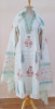 OFF WHITE PRINTED CHANDERI HANDWORK SUIT PANT AND DUPATTA SET
