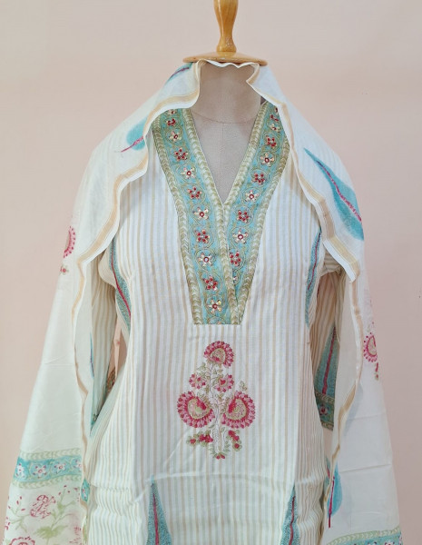OFF WHITE PRINTED CHANDERI HANDWORK SUIT PANT AND DUPATTA SET