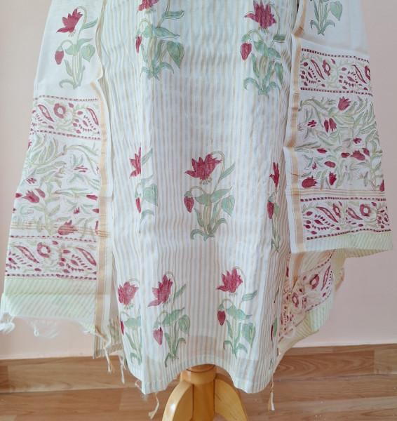 OFF WHITE PRINTED CHANDERI HANDWORK SUIT PANT AND DUPATTA SET