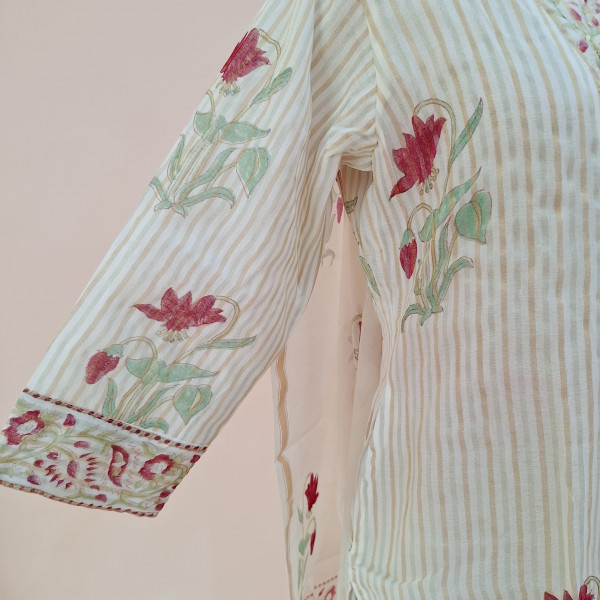 OFF WHITE PRINTED CHANDERI HANDWORK SUIT PANT AND DUPATTA SET