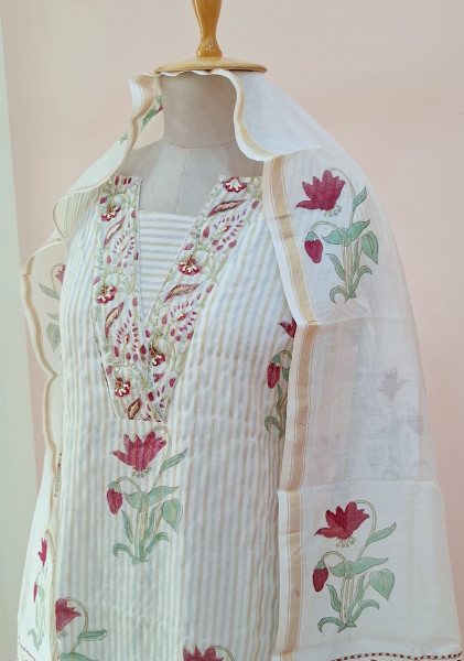 OFF WHITE PRINTED CHANDERI HANDWORK SUIT PANT AND DUPATTA SET