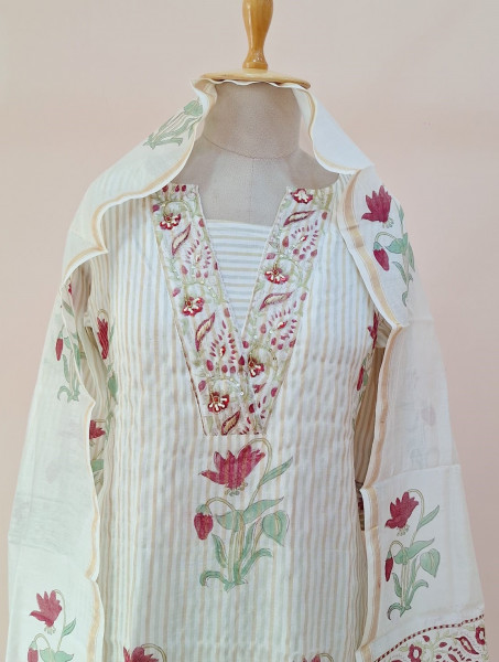 OFF WHITE PRINTED CHANDERI HANDWORK SUIT PANT AND DUPATTA SET