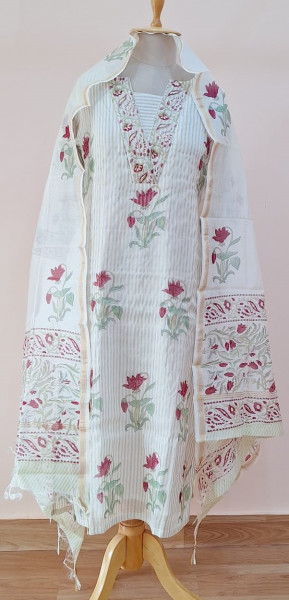 OFF WHITE PRINTED CHANDERI HANDWORK SUIT PANT AND DUPATTA SET