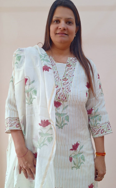 OFF WHITE PRINTED CHANDERI HANDWORK SUIT PANT AND DUPATTA SET