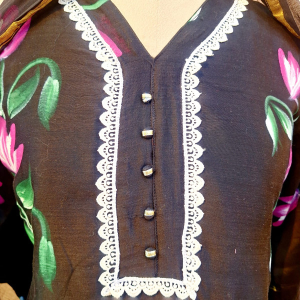 BLACK PRINTED CHANDERI SUIT PANT AND DUPATTA SET