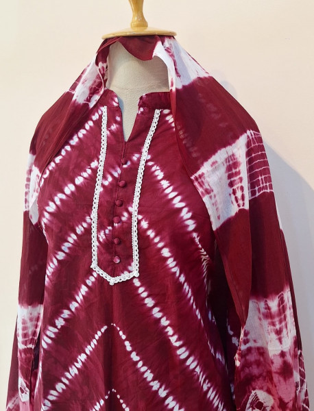 MAROON CHIFFON SHIBORI PRINTED COTTON SUIT PANT AND DUPATTA SET