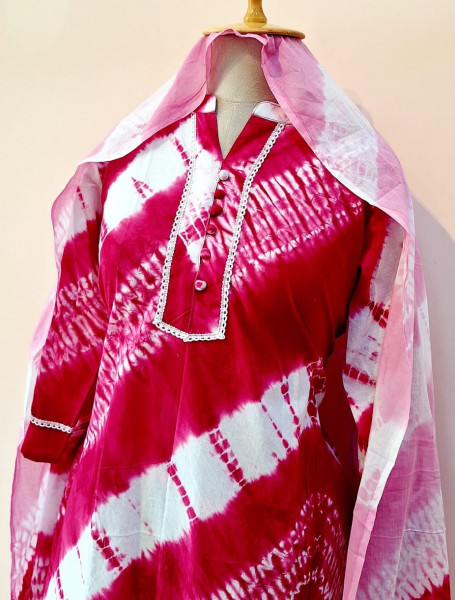 RANI PINK SHIBORI PRINTED COTTON SUIT PANT AND DUPATTA SET