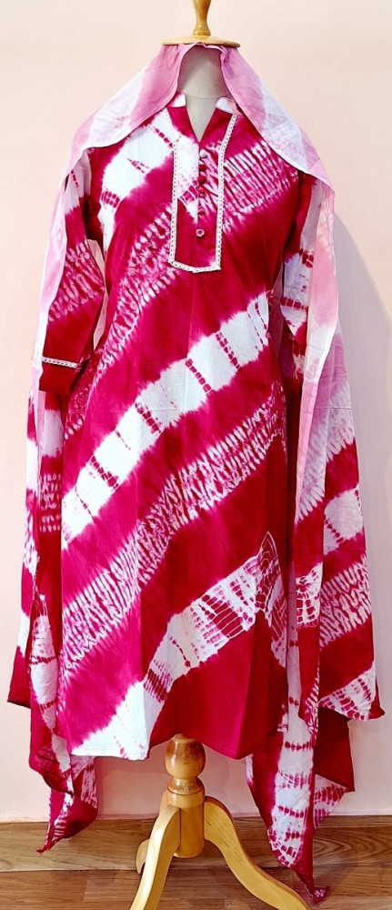 Image of RANI PINK SHIBORI PRINTED COTTON SUIT PANT AND DUPATTA SET