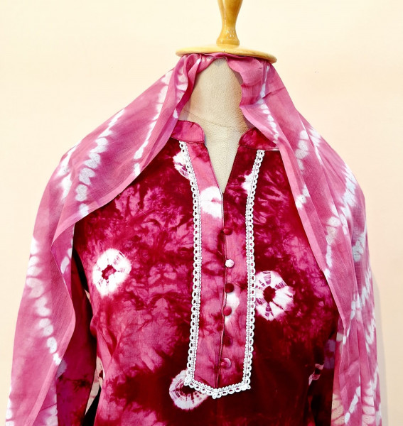 LIGHT PINK AND MAROON SHIBORI PRINTED COTTON SUIT PANT AND DUPATTA SET