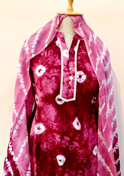 LIGHT PINK AND MAROON SHIBORI PRINTED COTTON SUIT PANT AND DUPATTA SET