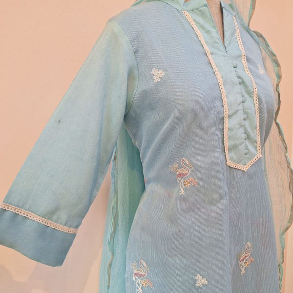 AQUA BLUE PRINTED DORIYA SUIT PANT AND DUPATTA SET