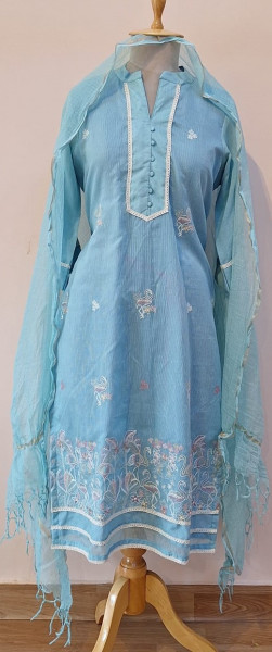 AQUA BLUE PRINTED DORIYA SUIT PANT AND DUPATTA SET