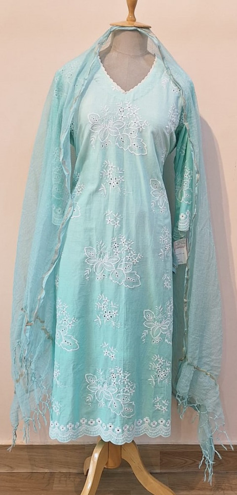 Image of LIGHT C- GREEN EMBROIDERY COTTON SUIT PANT AND DUPATTA SET
