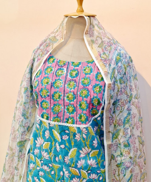 GREENISH BLUE PRINTED COTTON SUIT PANT AND DUPATTA SET