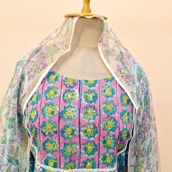 GREENISH BLUE PRINTED COTTON SUIT PANT AND DUPATTA SET