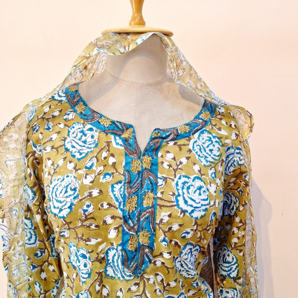 OLIVE GREEN PRINTED COTTON SUIT PANT AND DUPATTA SET