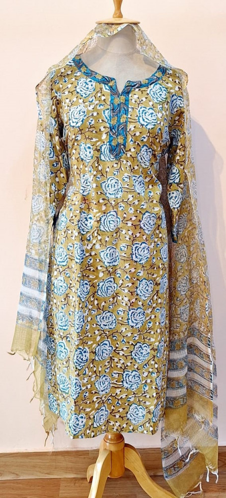 Image of OLIVE GREEN PRINTED COTTON SUIT PANT AND DUPATTA SET