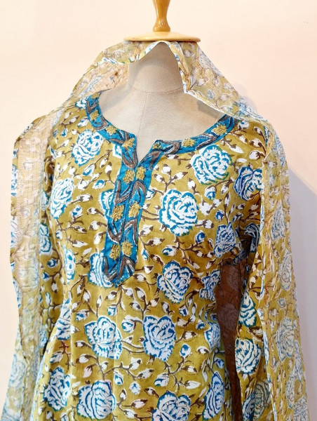 OLIVE GREEN PRINTED COTTON SUIT PANT AND DUPATTA SET