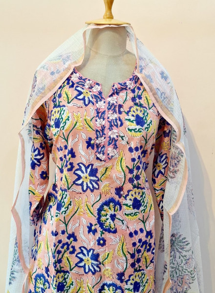 LIGHT PEACH PRINTED COTTON SUIT PANT AND DUPATTA SET
