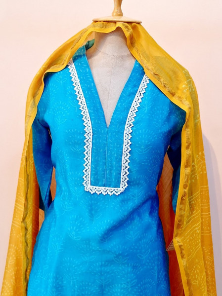 BLUE WITH YELLOW PRINTED CHANDERI SUIT PANT AND DUPATTA SET