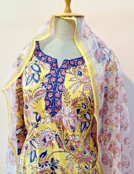 YELLOW PRINTED COTTON SUIT PANT AND DUPATTA SET