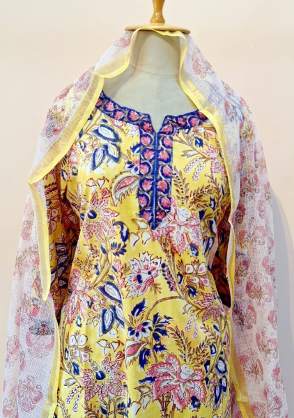 YELLOW PRINTED COTTON SUIT PANT AND DUPATTA SET
