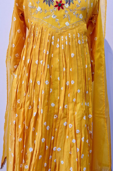 YELLOW MUL CHANDERI HANDWORK SUIT PANT AND DUPATTA SET