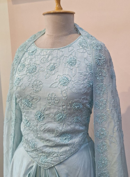 BLUE INDO WESTERN HANDWORK CROP TOP DHOTI AND CAPE SET