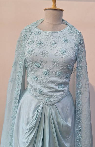 BLUE INDO WESTERN HANDWORK CROP TOP DHOTI AND CAPE SET