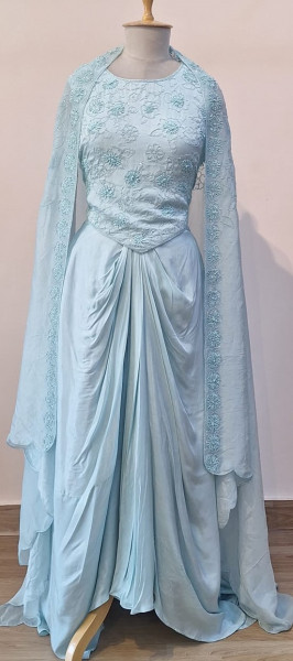 BLUE INDO WESTERN HANDWORK CROP TOP DHOTI AND CAPE SET