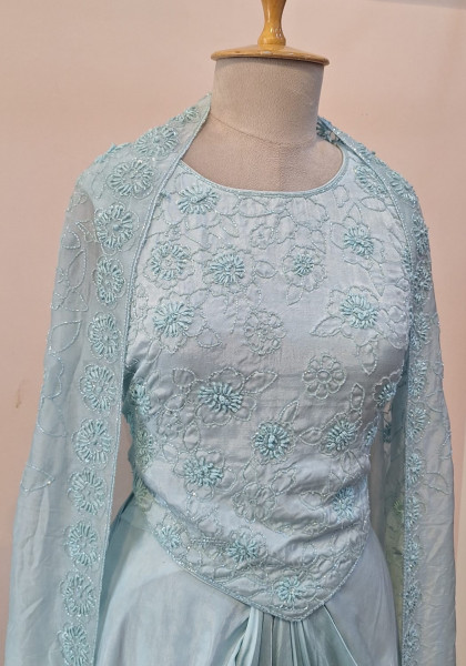 BLUE INDO WESTERN HANDWORK CROP TOP DHOTI AND CAPE SET