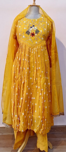 YELLOW MUL CHANDERI HANDWORK SUIT PANT AND DUPATTA SET