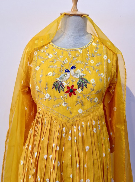 YELLOW MUL CHANDERI HANDWORK SUIT PANT AND DUPATTA SET