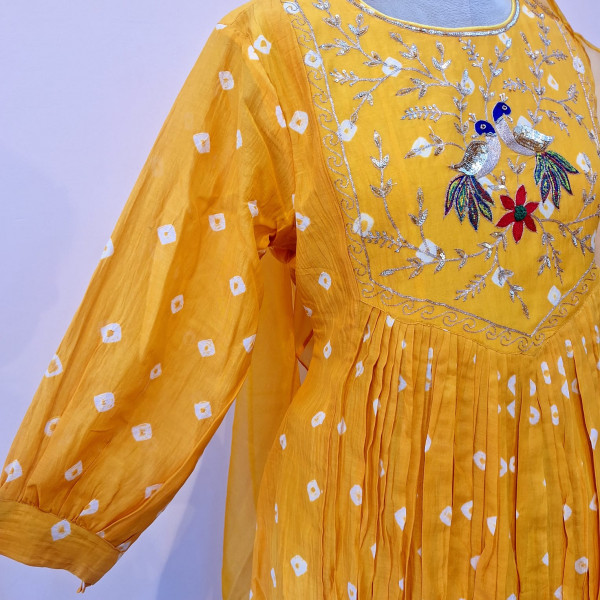 YELLOW MUL CHANDERI HANDWORK SUIT PANT AND DUPATTA SET