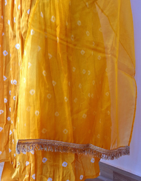 YELLOW MUL CHANDERI HANDWORK SUIT PANT AND DUPATTA SET