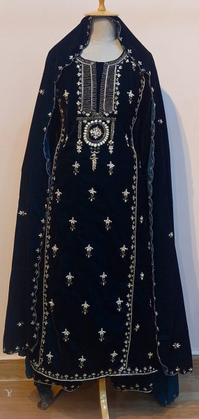 GREENISH BLUE VELVET HANDWORK SUIT PANT AND DUPATTA SET