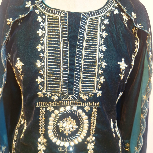 GREENISH BLUE VELVET HANDWORK SUIT PANT AND DUPATTA SET