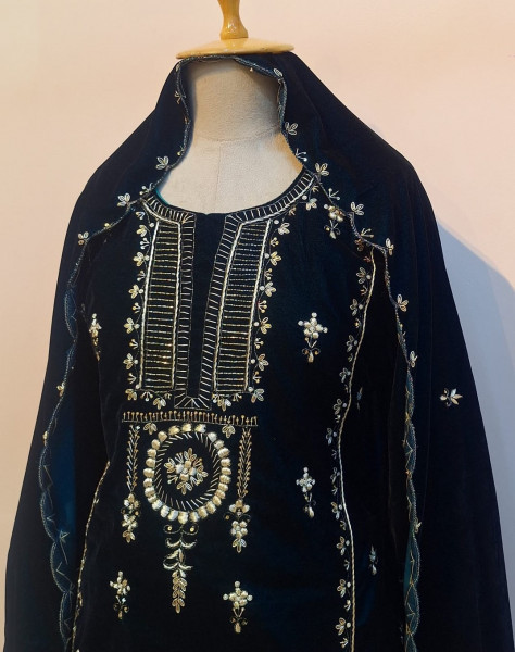 GREENISH BLUE VELVET HANDWORK SUIT PANT AND DUPATTA SET