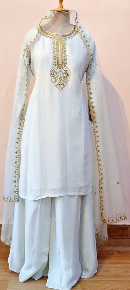 Image of SILVER WHITE HANDWORK SUIT PANT AND DUPATTA SET