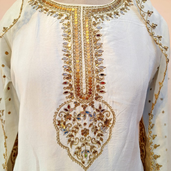 SILVER WHITE HANDWORK SUIT PANT AND DUPATTA SET